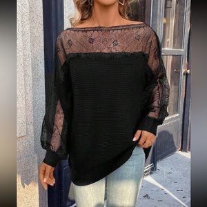 Comfy Elegant Sheer Mesh Lace Boat Neck Batwing Sleeve Sweater Top Black